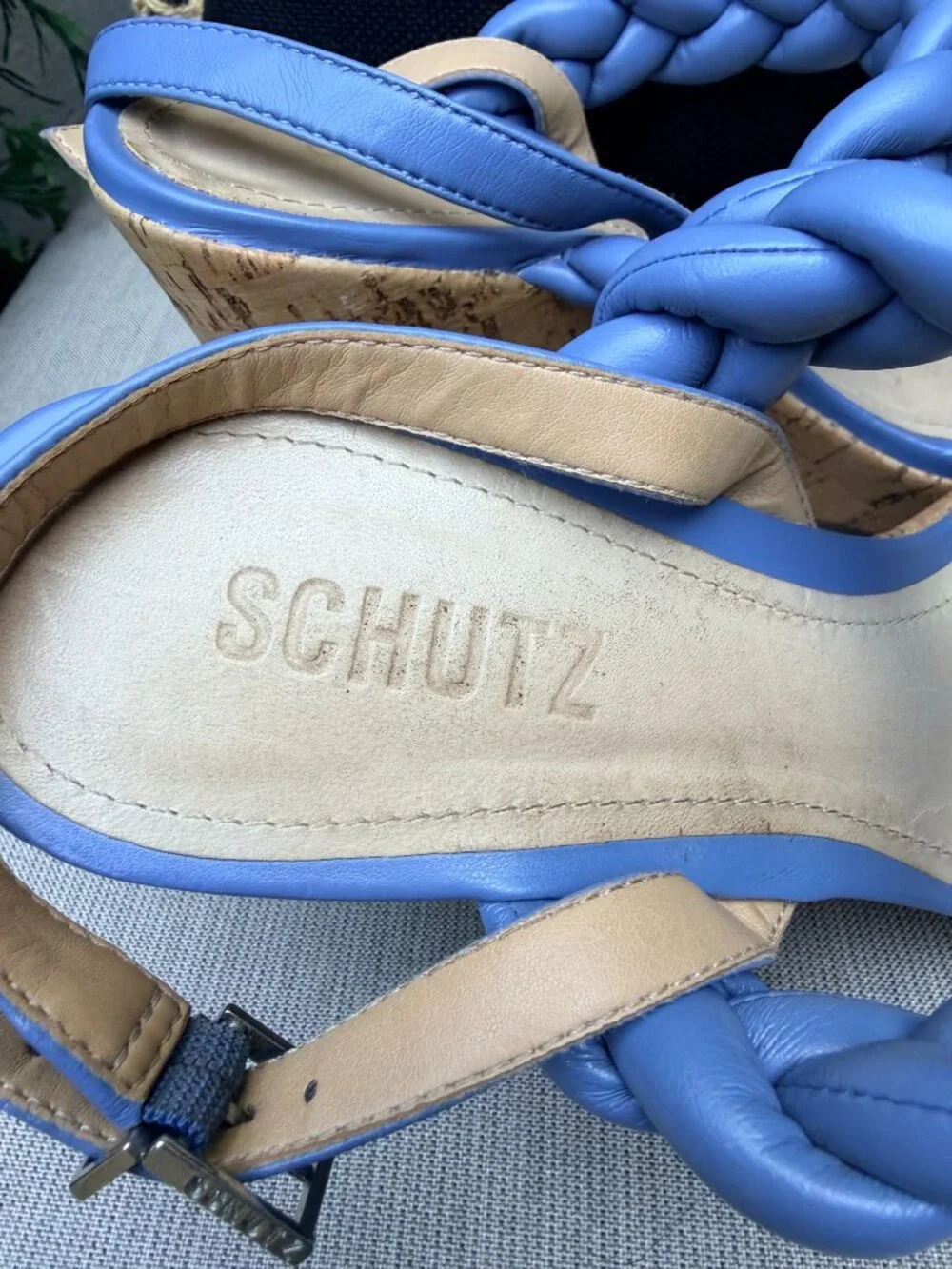 Schutz Cornflower/Periwinkle Blue Braided Leather Cork Platform Wedge Sandals 9